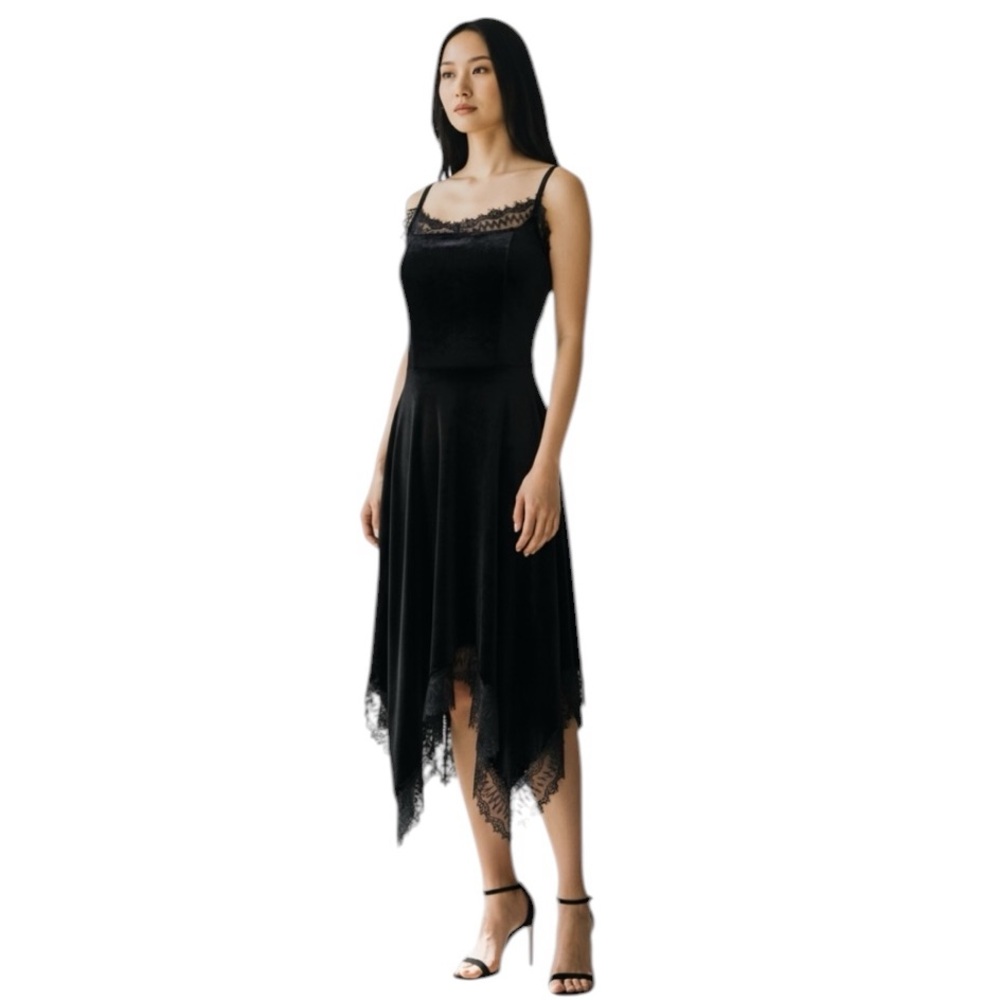 Black Lace Trimmed Velvet Midi Dress Asymmetric Hem Whimsigoth Witchy Size Small